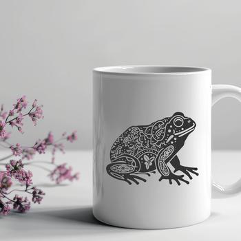 An illustration of a stylized toad with ornate floral patterns surrounding its body.