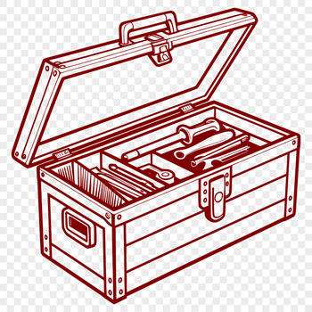 A digital illustration of a toolbox with various tools and hardware depicted inside.