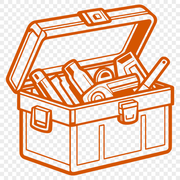A collection of tools and equipment stored in a wooden toolbox.