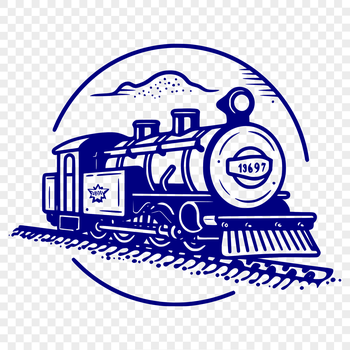 A stylized illustration of a train with bold lines and simple shapes.