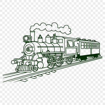 A stylized illustration of a locomotive on a railway track.