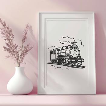 A detailed illustration of a locomotive train with moving parts and tracks.