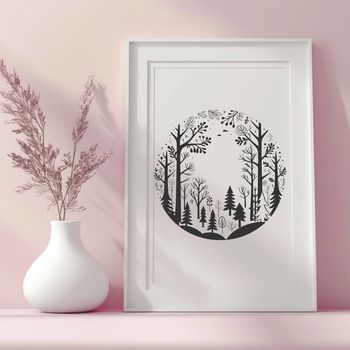 A detailed illustration of trees in a forest setting.