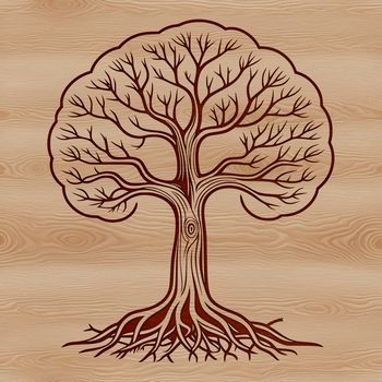 A stylized illustration of a tree with detailed foliage and trunk.