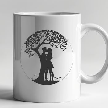 A stylized illustration of a tree with intertwined lovers embracing under its branches.