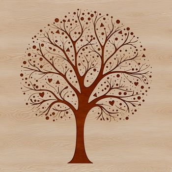 A stylized illustration of a single tree with foliage and branches.