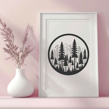 An SVG vector graphic design featuring a dense forest scene with tall trees and lush greenery.