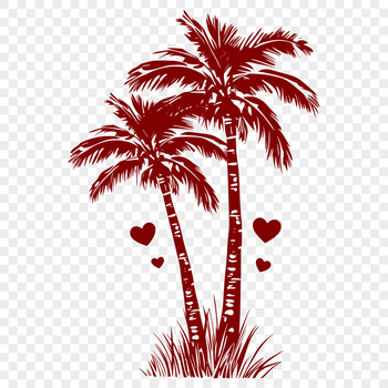 A stylized palm tree illustration featuring love hearts in various colors.