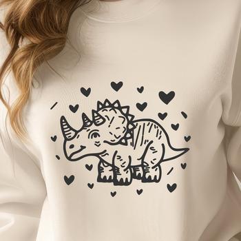 A prehistoric triceratops with heart-shaped decorations, illustrated in vector art style.