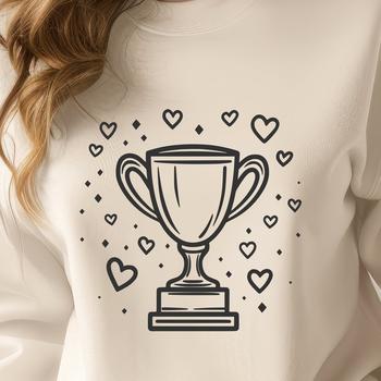 A decorative trophy with love hearts surrounding the base, suitable for various celebrations.