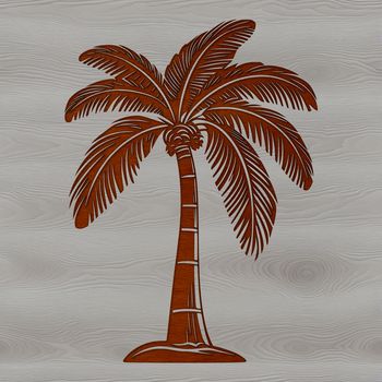 A single palm tree standing on a sandy beach under a clear blue sky.