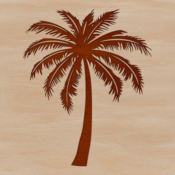 A digital illustration of a single palm tree in a lush greenery setting.