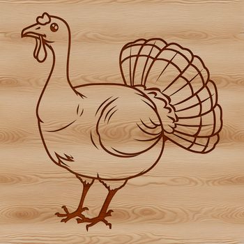 A digital illustration of a domesticated turkey in a farm setting.