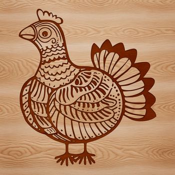 Illustration of a domesticated turkey with brown feathers and a distinctive red wattle.