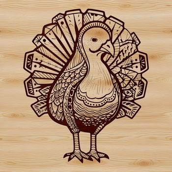 A detailed illustration of a farm animal, a turkey, with ornate design elements.