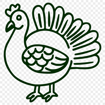 A simple line drawing illustration of a full-body turkey, commonly found on farms.