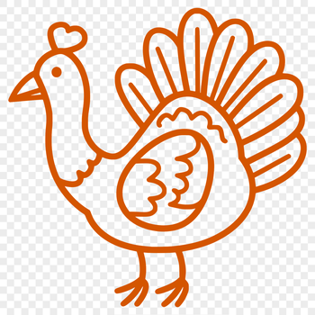 A simple line drawing of a turkey, shown in full body with details of the feathers and head.
