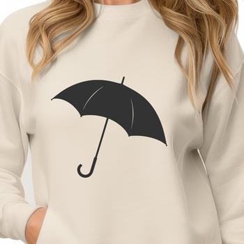 A simple line-drawn illustration of an open umbrella on a rainy day.