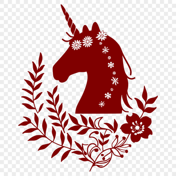 A detailed illustration of a mythical unicorn's head with floral patterns and fantastical features.