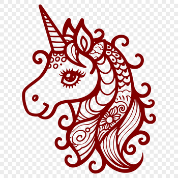 A detailed illustration of a mythical unicorn's head with intricate details.