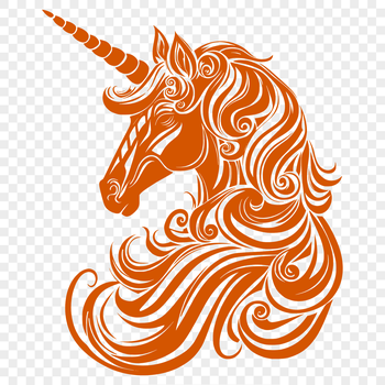 An ornate illustration of a mythical unicorn's head.