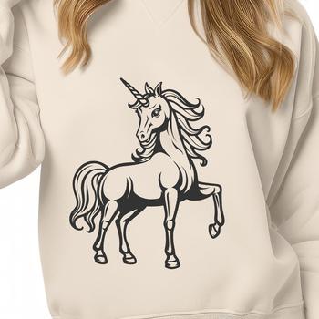 A stylized illustration of a mythical unicorn from a fairy tale.