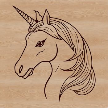An illustration of a mythical creature's head, featuring a unicorn's distinctive horn and mane.