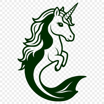An illustrated depiction of a marine-inspired equine hybrid, featuring long hair and shimmering scales.