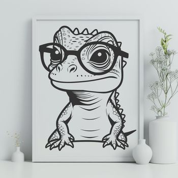 A cartoon lizard illustration wearing glasses, suitable for clip art and vector design.