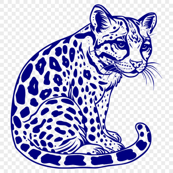 A sitting big cat with distinctive markings and a bushy tail.