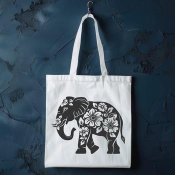 A full-body illustration of a standing elephant with ornate floral patterns surrounding its body.