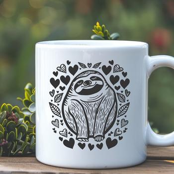 A full-body illustration of a sloth with love hearts incorporated into the design.