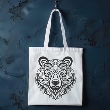 A stylized illustration of a bear's head with intricate details, suitable for vector-based design.