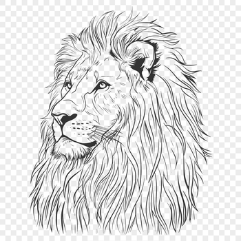A detailed illustration of a lion's head with sharp features.