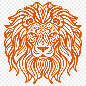 A stylized illustration of a lion's head with intricate details.