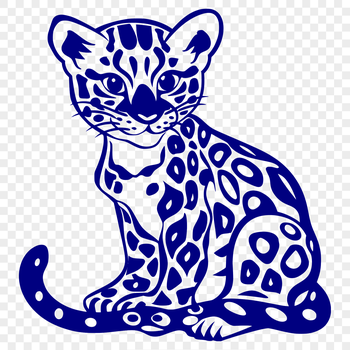 A sitting big cat with distinctive markings, its body facing directly forward in a full-body illustration.