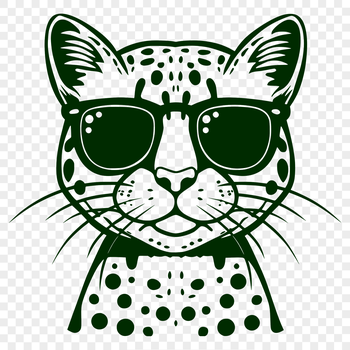 Close-up portrait of a wild ocelot's face, with sunglasses on its head, illustrated in vector art.