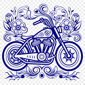 A stylized illustration of an ornate motorcycle with floral patterns.