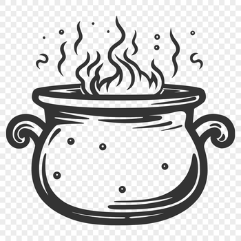 Illustration of witchcraft-themed elements including a cauldron and magical symbols.