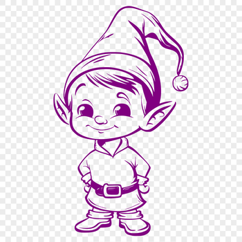 A small, mischievous-looking elf standing upright in a festive holiday setting.