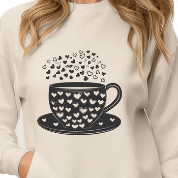 A vector design of a simple coffee cup with a heart motif surrounding the exterior.