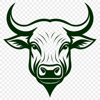 A detailed illustration of a cow's head with prominent features.