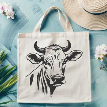 An illustration of a cow's head with detailed features, suitable for vector art projects.