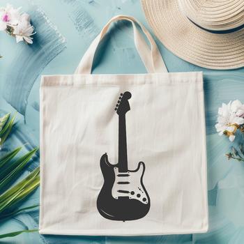 A detailed illustration of a guitar with strings, frets, and body, designed as a vector graphic.