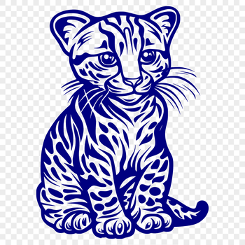 A close-up illustration of a sitting ocelot's full body in profile.