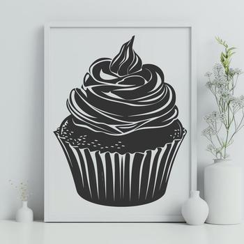 A digital illustration of a single serving cupcake with creamy frosting and sprinkles.