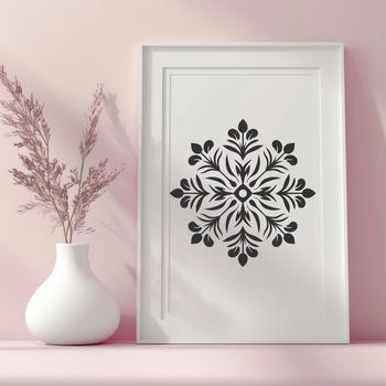 A delicate, ornate snowflake design with intricate patterns, suitable for Christmas decorations.