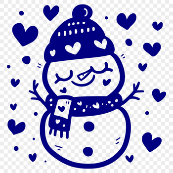 A snowman made up of stacked snow blocks with love hearts on its middle block, set against a simple winter background.