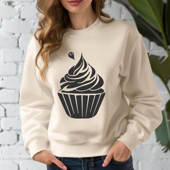 A vector graphic design featuring a stylized dessert, specifically a cupcake, in a 2D format.