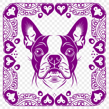 A detailed illustration of a small dog's head with ornate features.